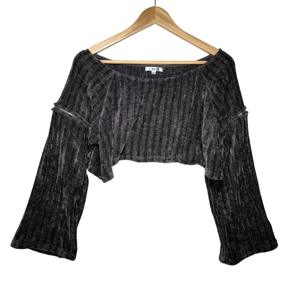 Lychee Women Gray Ribbed Chenille Cropped Sweater Zipper Bell Sleeve Large